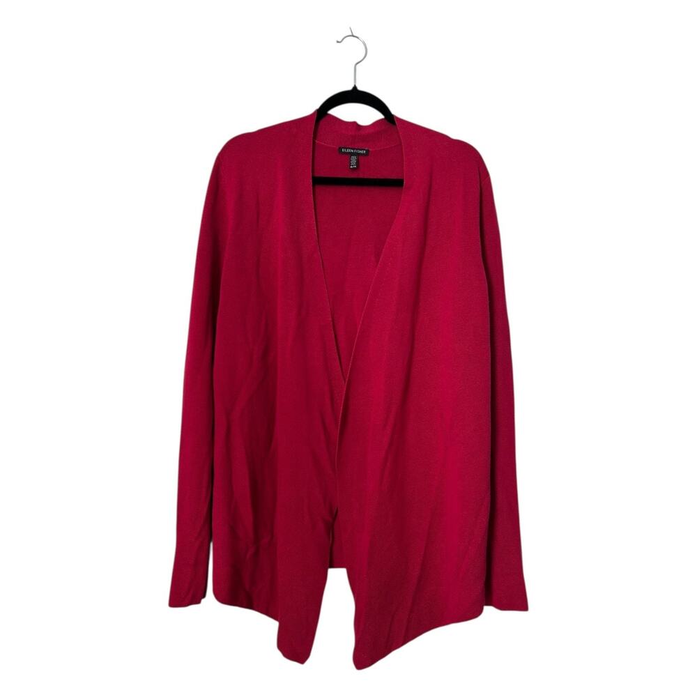 Eileen Fisher Sweater Size XL Red Open Front Draped Waterfall Tencel Cardigan